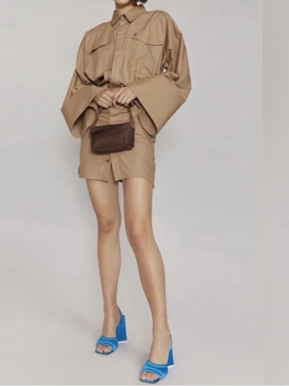 The Attico "Dakota" Brown Utility Mini Dress with Wide Sleeves